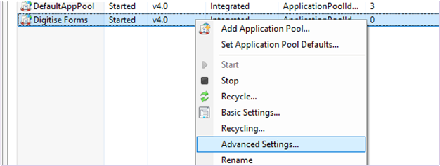 Picture showing the Application Pool Advanced Settings.
